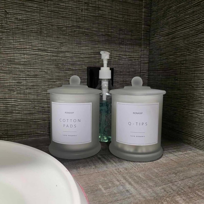 Ronasip Qtip Holder & Cotton Pad Dispenser, Bathroom Organizer and Storage Canisters, 16oz Glass Apothecary Jars for Kitchen, Restroom - Home Decor, Room Decor Aesthetic (2 Pack, Frosted White) - Image 2